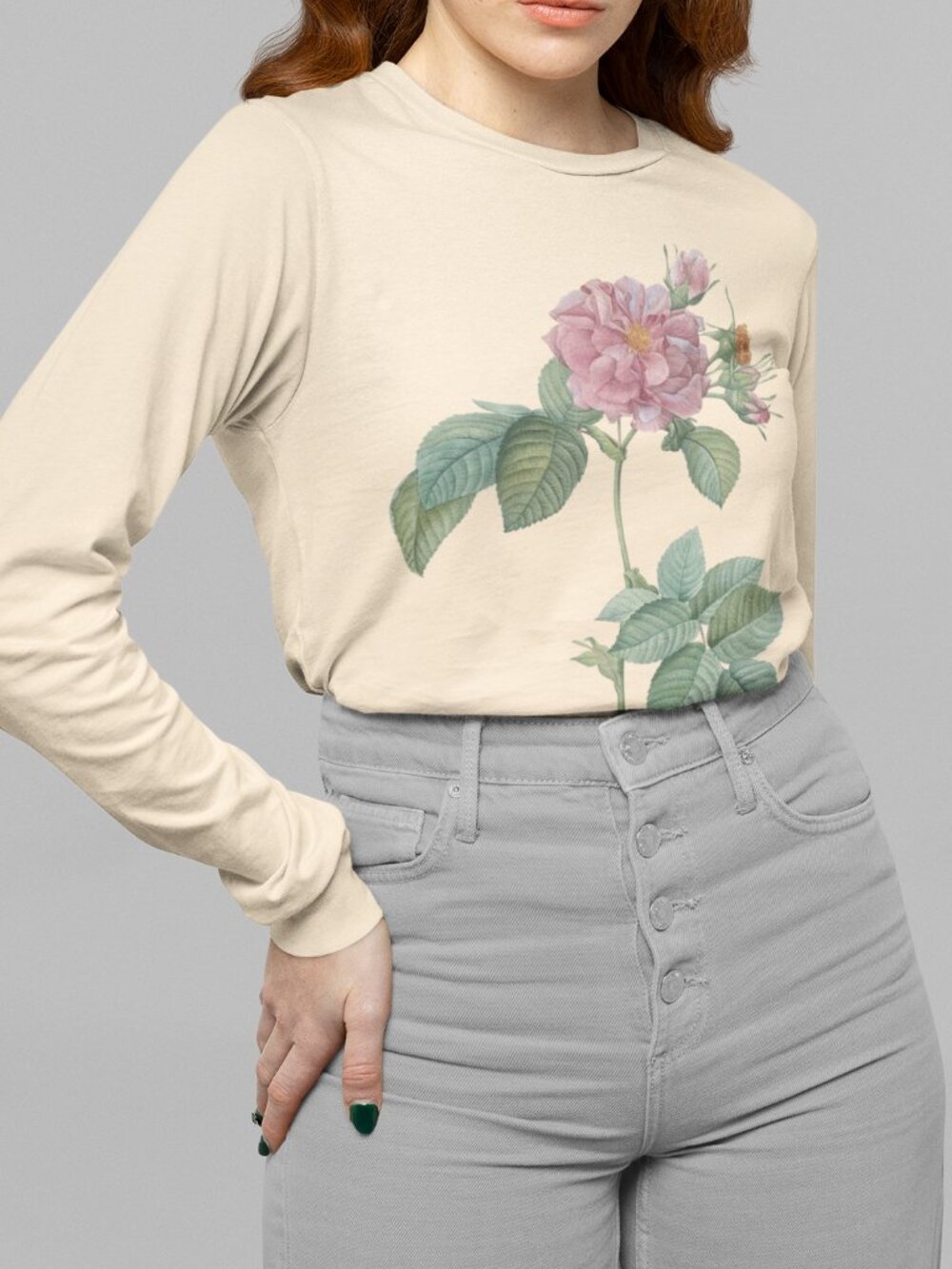 Frankfort Rose Vintage Floral Print Long Sleeve Graphic Tee T-shirt S-XXL